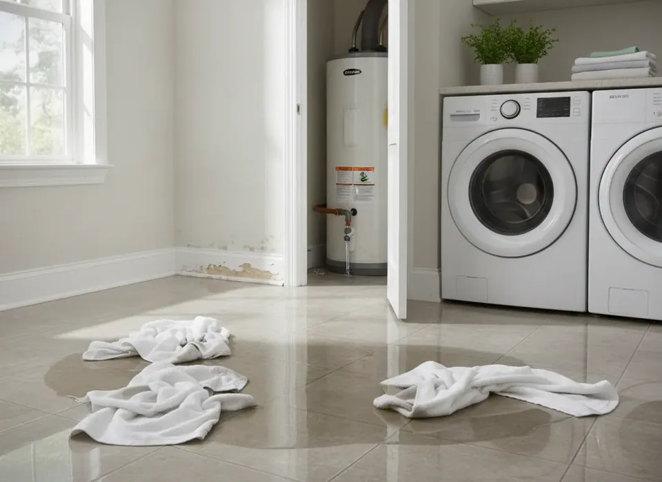 Water pooling from a leaking water heater in a laundry room