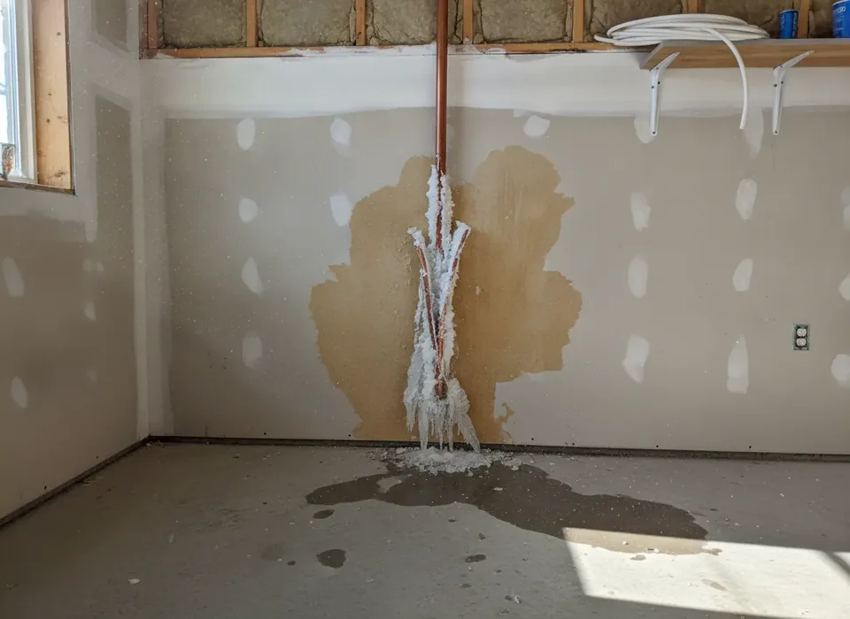 Burst copper pipe split by ice in a garage wall